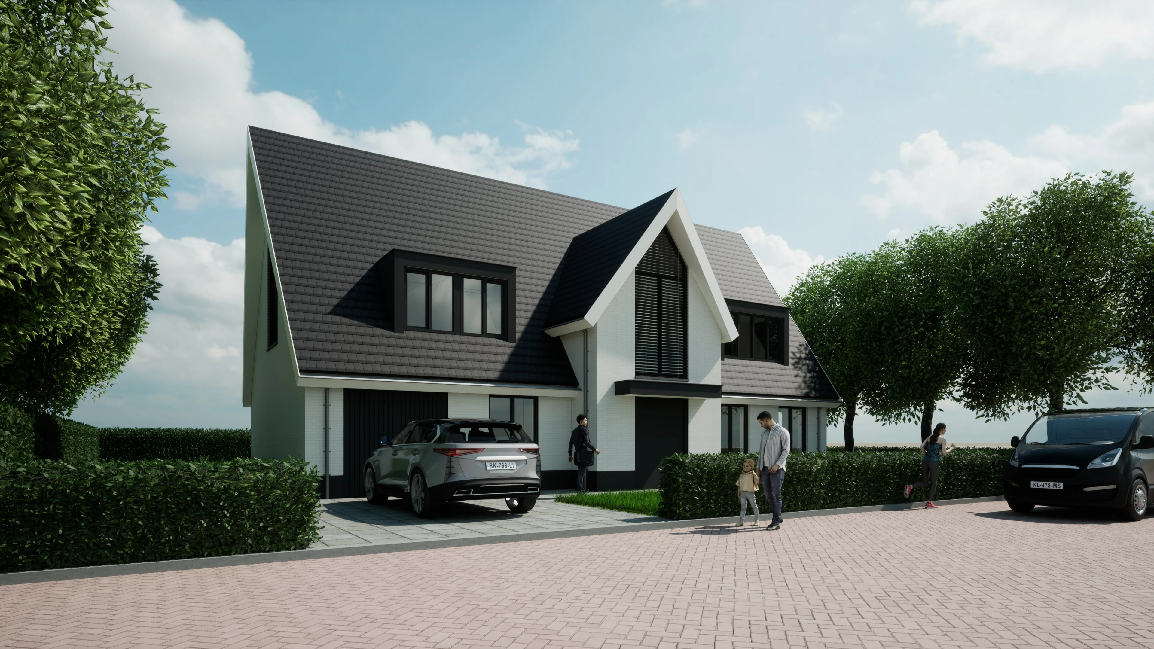 Artist impression van een moderne villa met zwart pannendak en witte gevel