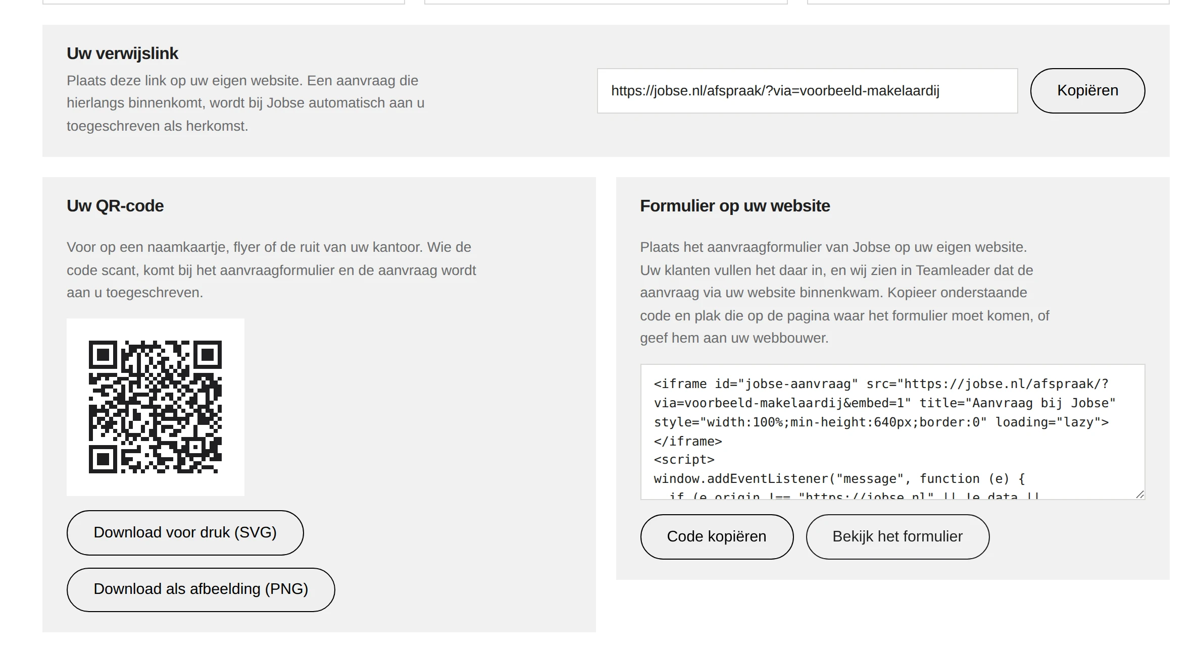 Het ambassadeursportaal met de persoonlijke verwijslink, een QR-code met downloadknoppen voor druk en afbeelding, en de code om het aanvraagformulier op de eigen website te plaatsen.